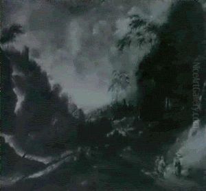 Peasants Resting On A Track By A Waterfall In A Rocky Woodedlandscape by Jacques d' Arthois
