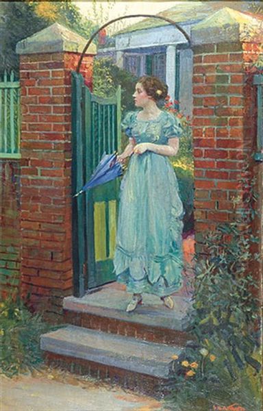 Woman At Gate About To Raise Parasol - view 1