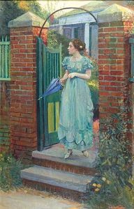 Woman At Gate About To Raise Parasol by Stanley Massey Arthurs