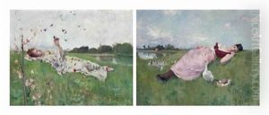 The Goose Girl; And Songbirds (pair) by Albert Emile Artigue