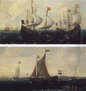 Bateaux De Guerre Livrant Combat Sur Une Mer Agite - Un     Smalschip Et D'autres Bateaux Proches Du Rivage..(une Paire)