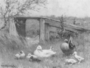 Eendenfamilie Bij Een Bruggetje by David Adolf Constant Artz