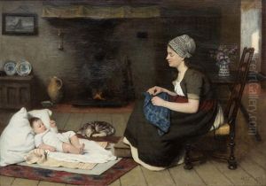 Young Mother And Child In A Fisherman's Cottage by David Adolph Constant Artz