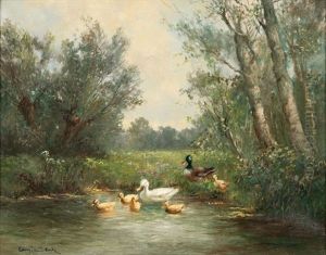 Entenfamilie Auf Dem Weg Ins Wasser by David Adolph Constant Artz