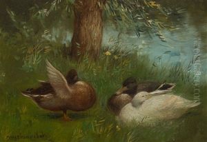 Three Ducks At The Waterside by David Adolph Constant Artz