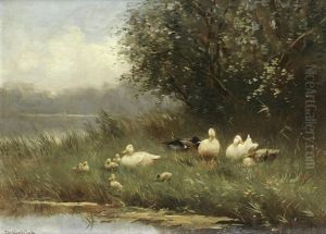 Ducks And Ducklings By The Waterside by David Adolph Constant Artz
