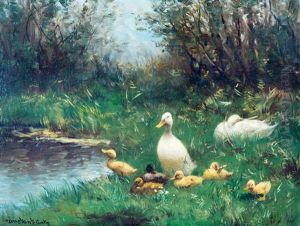 Ducks And Ducklings On The River Bank by David Adolph Constant Artz