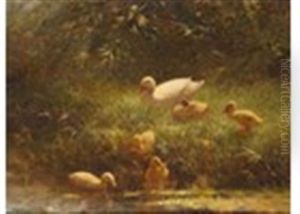 Ducks And Chicks On The River by David Adolph Constant Artz