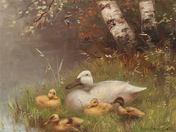Mother And Her Brood At The Water's Edge - view 1