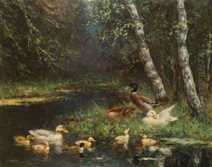 Family Of Ducks At The Water's Edge by David Adolph Constant Artz