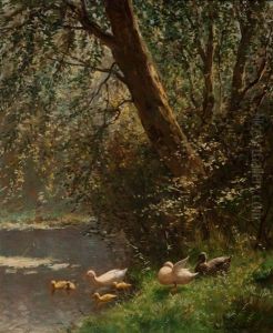 Family Of Ducks By The Water's Edge by David Adolph Constant Artz