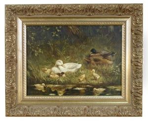 A Family Of Ducks On A River Bank by David Adolph Constant Artz