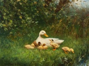 Family Of Ducks On The Water's Edge by David Adolph Constant Artz