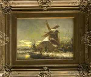 Winterlandschaft Mit Windmuhle U. Hutte Mit Boot Im Abendlicht by David Adolph Constant Artz