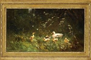Entenfamilie Auf Einer Wiese Mit Einer Jungen, Nach Schmetterlingen Aufschauenden Ente by David Adolph Constant Artz
