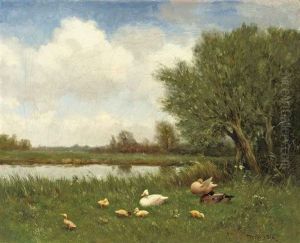 Ducks And Ducklings On A River Bank by David Adolph Constant Artz