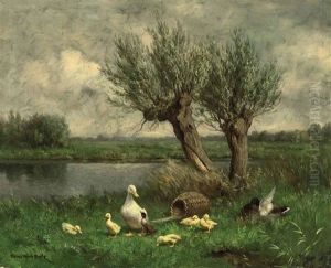 Ducks Near Two Willows On The Bank Of A Stream by David Adolph Constant Artz