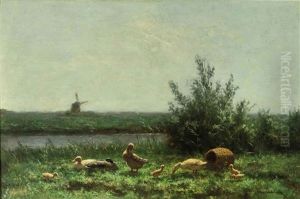 Ducks Along The Waterfront, A Windmill Beyond by David Adolph Constant Artz