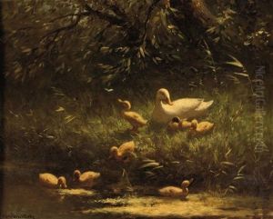 Mother Duck And Her Ducklings by David Adolph Constant Artz