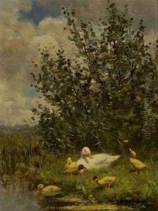 Duck With Five Chicks On The Water's Edge