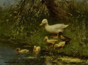 Duck With Five Chicks On The Water's Edge