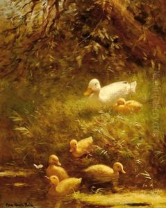 Duck With Five Chicks By The Waterside
