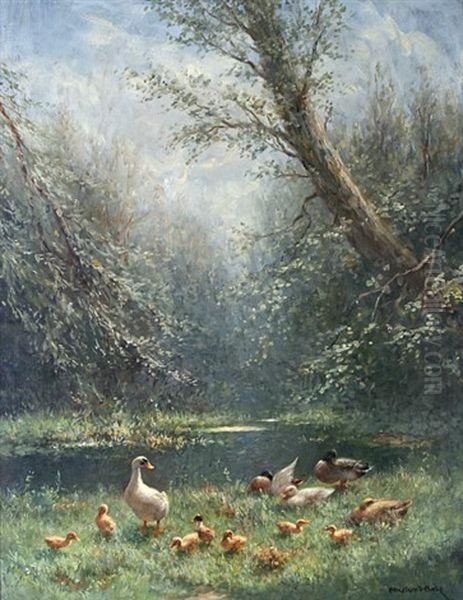 Ducks And Ducklings On A River Bank In Sunlight - view 1
