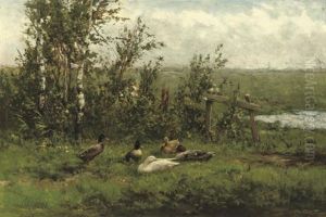 A Group Of Ducks In The Meadow by David Adolph Constant Artz