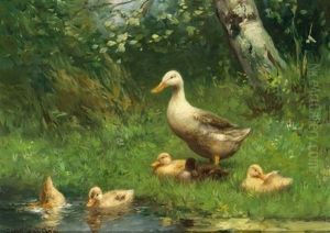 Duck And Ducklings At The Waterside by David Adolph Constant Artz