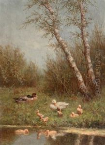 Ducks On A Riverbank by David Adolph Constant Artz