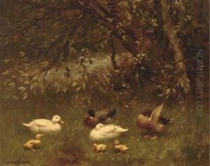 Ducks And Ducklings In The Shade Of A Tree by David Adolph Constant Artz