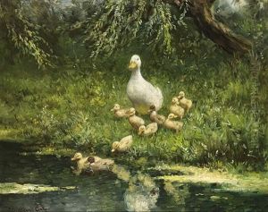 Duck With Ducklings On The Riverbank