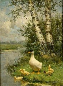 A Duck With Her Ducklings On The Riverbank