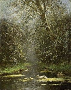 Ducks With Ducklings In A Pond by David Adolph Constant Artz