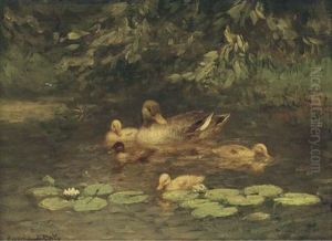 A Duck And Her Chicks On A Pond by David Adolph Constant Artz