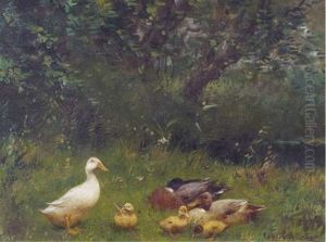 A Duck Family Near A Stream by David Adolph Constant Artz