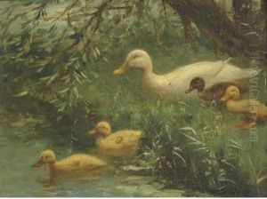 Ducklings With Their Mother At The Waterside by David Adolph Constant Artz