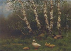 Ducks And Ducklings In A Meadow by David Adolph Constant Artz