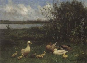 Duck With Ducklings In A Landscape by David Adolph Constant Artz