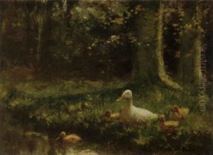 Duck And Ducklings On A Riverbank