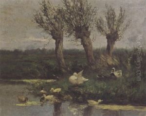 Ducks With Their Ducklings Near The Waterfront by David Adolph Constant Artz