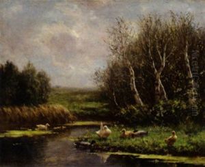 Ducks On A Riverbank by David Adolph Constant Artz