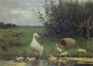 Duck With Her Ducklings Near The Waterside