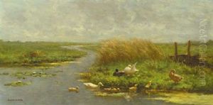 Ducks And Ducklings In A Polder Landscape by David Adolph Constant Artz
