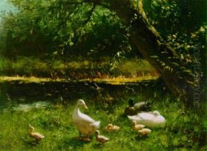 A Duck With Ducklings On A Riverbank