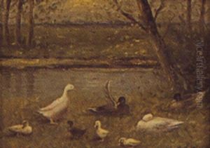 Landscape Of Ducks And Ducklings Alongside A Riverbank