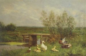 A Duck Family By A Wooden Bridge by David Adolph Constant Artz