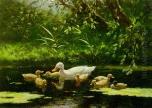 A Duck And Ducklings Going For A Swim