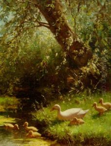 Duck And Ducklings On A Riverbank