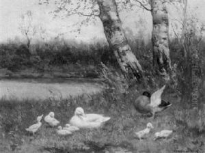 Entenfamilie Am Wasser Vor Alten Birken by David Adolph Constant Artz